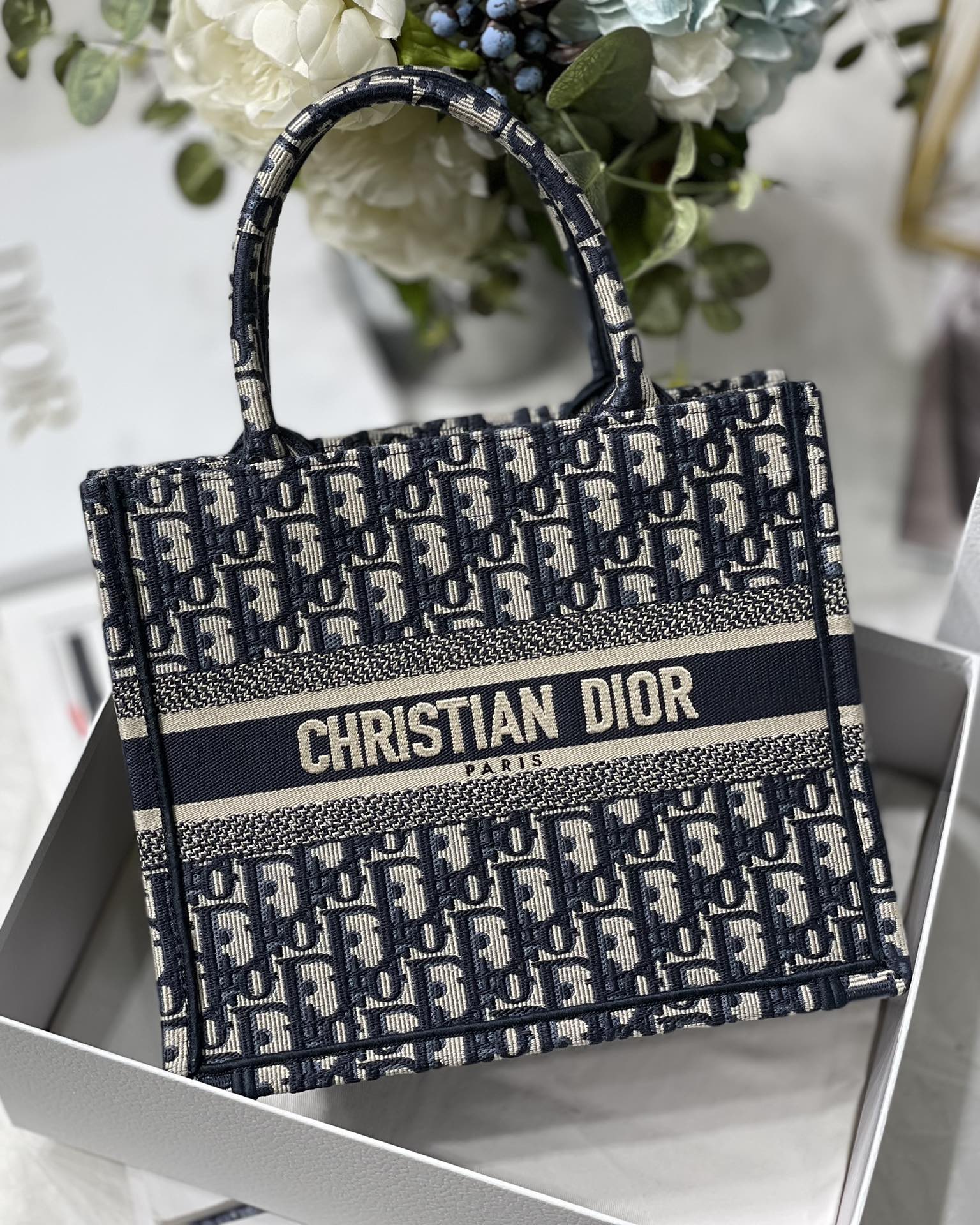 Small Dior Book Tote Bag Ecru and Blue Dior Oblique Embroidery